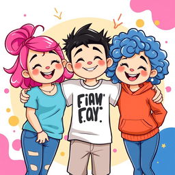 A colorful and vibrant vector art illustration of three friends: two chubby girls and one boy