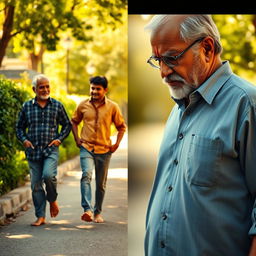 A touching scene of a young man, Rahul, walking barefoot alongside his father down a quiet, sunlit street