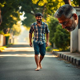 A touching scene of a young man, Rahul, walking barefoot alongside his father down a quiet, sunlit street