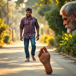 A touching scene of a young man, Rahul, walking barefoot alongside his father down a quiet, sunlit street