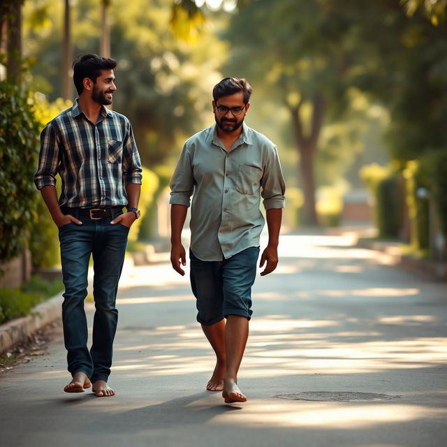 A touching scene of a young man, Rahul, walking barefoot alongside his father down a quiet, sunlit street