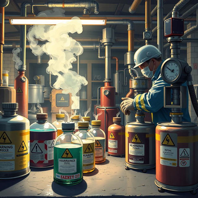 A detailed depiction of an industrial workspace highlighting the hazards of chemicals, showcasing chemical containers with warning labels and a worker properly handling hazardous materials