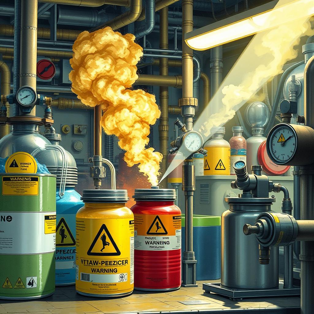 A detailed depiction of an industrial workspace highlighting the hazards of chemicals, showcasing chemical containers with warning labels and a worker properly handling hazardous materials