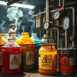 A detailed depiction of an industrial workspace highlighting the hazards of chemicals, showcasing chemical containers with warning labels and a worker properly handling hazardous materials