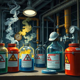 A detailed depiction of an industrial workspace highlighting the hazards of chemicals, showcasing chemical containers with warning labels and a worker properly handling hazardous materials
