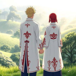 A couple of characters standing hand in hand, a man with striking blonde hair and a woman with vibrant red hair, both donned in elegant white cloaks featuring intricate red details reminiscent of a Hokage's outfit