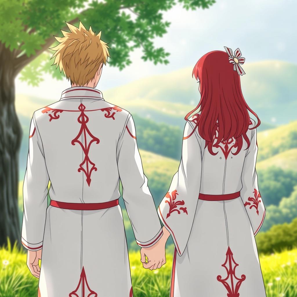 A couple of characters standing hand in hand, a man with striking blonde hair and a woman with vibrant red hair, both donned in elegant white cloaks featuring intricate red details reminiscent of a Hokage's outfit