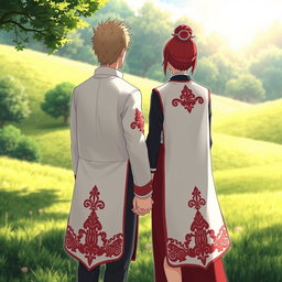 A couple of characters standing hand in hand, a man with striking blonde hair and a woman with vibrant red hair, both donned in elegant white cloaks featuring intricate red details reminiscent of a Hokage's outfit