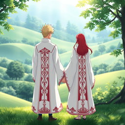 A couple of characters standing hand in hand, a man with striking blonde hair and a woman with vibrant red hair, both donned in elegant white cloaks featuring intricate red details reminiscent of a Hokage's outfit