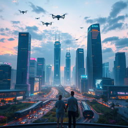 A mesmerizing futuristic cityscape, showcasing advanced technology with towering skyscrapers made of glass and steel, illuminated by neon lights
