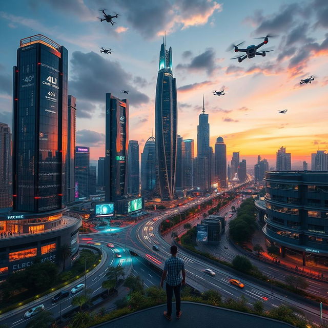 A mesmerizing futuristic cityscape, showcasing advanced technology with towering skyscrapers made of glass and steel, illuminated by neon lights