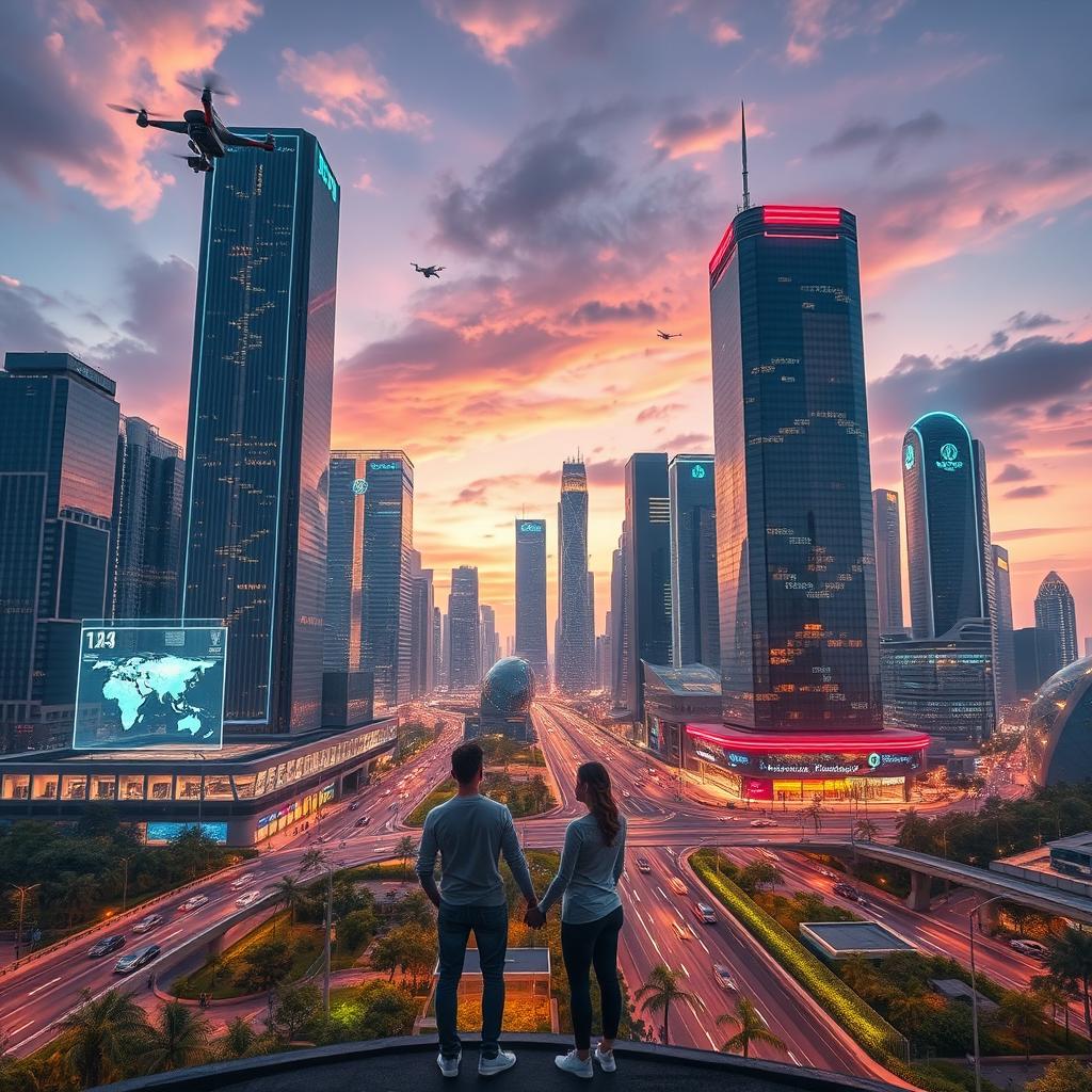 A mesmerizing futuristic cityscape, showcasing advanced technology with towering skyscrapers made of glass and steel, illuminated by neon lights