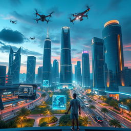 A mesmerizing futuristic cityscape, showcasing advanced technology with towering skyscrapers made of glass and steel, illuminated by neon lights