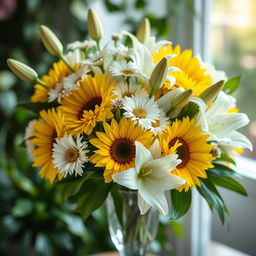 A beautifully arranged bouquet of yellow and white flowers, featuring bright sunflowers, delicate daisies, and soft white lilies