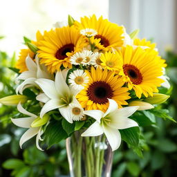 A beautifully arranged bouquet of yellow and white flowers, featuring bright sunflowers, delicate daisies, and soft white lilies
