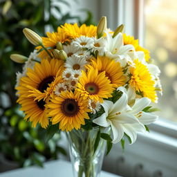 A beautifully arranged bouquet of yellow and white flowers, featuring bright sunflowers, delicate daisies, and soft white lilies