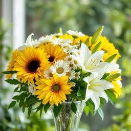 A beautifully arranged bouquet of yellow and white flowers, featuring bright sunflowers, delicate daisies, and soft white lilies