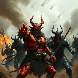 In a fierce and dynamic scene, the powerful demon Shumbh, with his striking red skin and imposing figure, stands at the forefront, commanding his troops with an intense expression