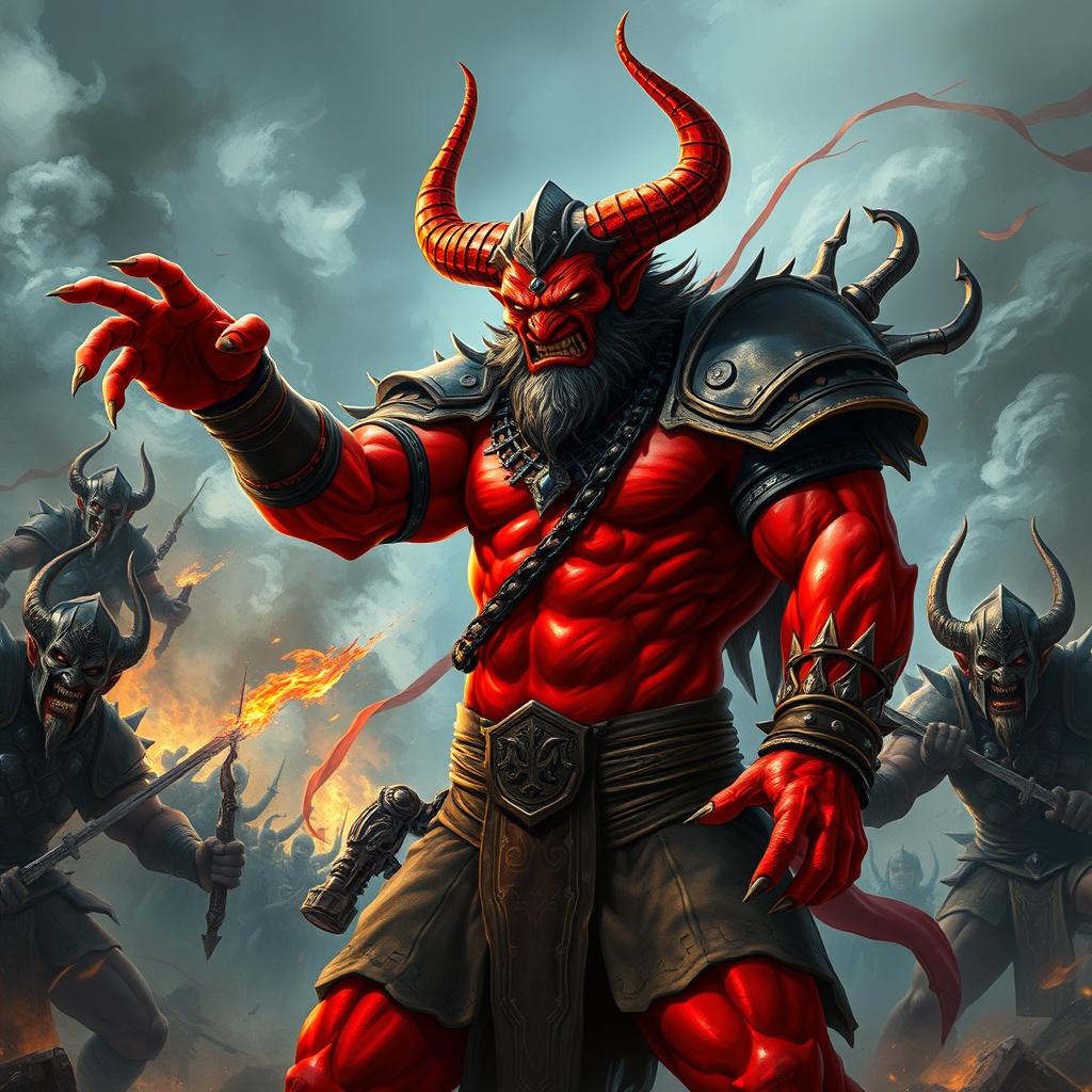 In a fierce and dynamic scene, the powerful demon Shumbh, with his striking red skin and imposing figure, stands at the forefront, commanding his troops with an intense expression