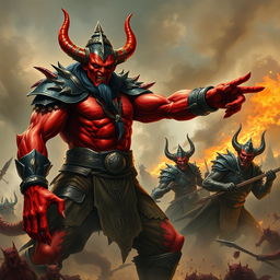 In a fierce and dynamic scene, the powerful demon Shumbh, with his striking red skin and imposing figure, stands at the forefront, commanding his troops with an intense expression