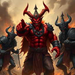 In a fierce and dynamic scene, the powerful demon Shumbh, with his striking red skin and imposing figure, stands at the forefront, commanding his troops with an intense expression