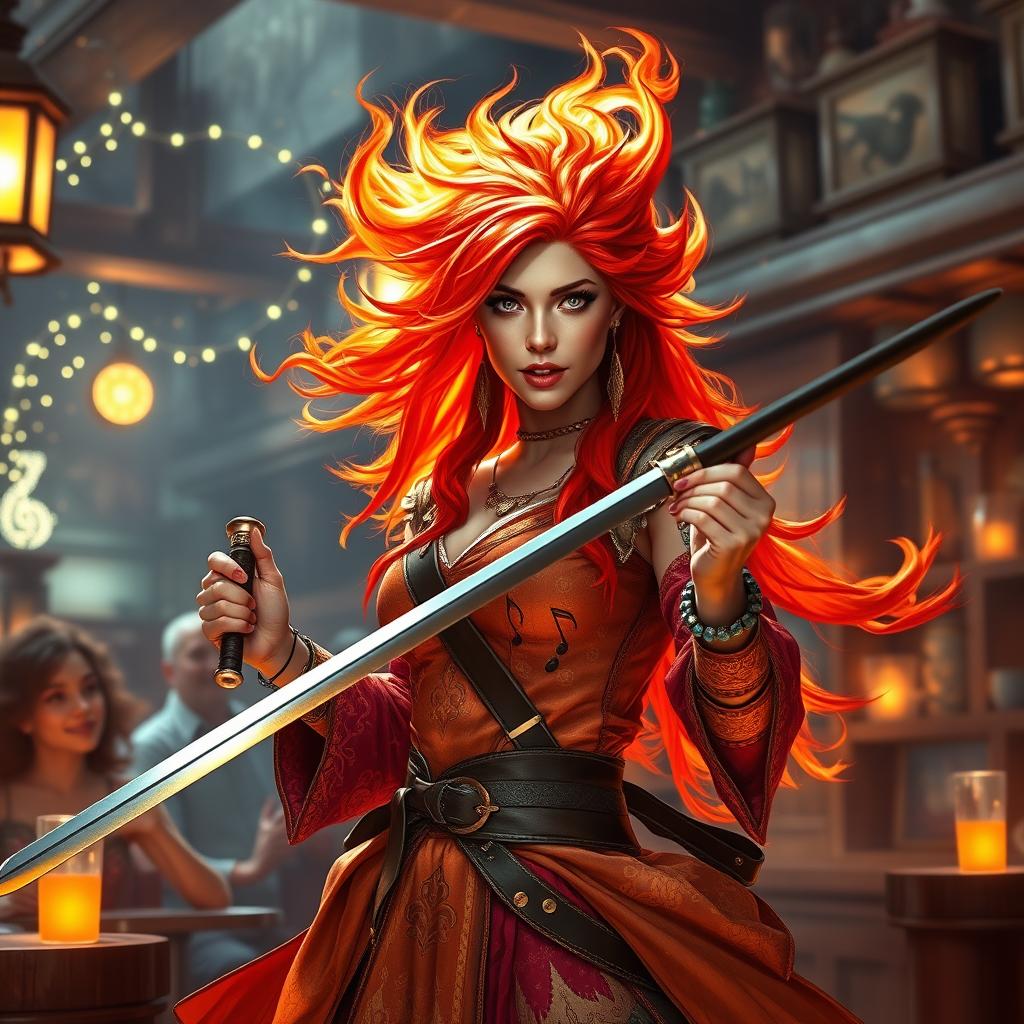 A fierce female fire genasi bard, with her hair resembling active flames in vibrant shades of orange and red, creates an enchanting scene