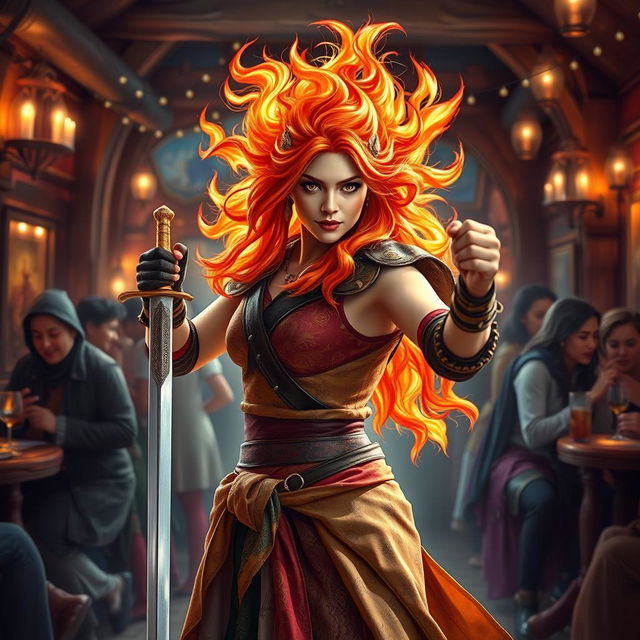 A fierce female fire genasi bard, with her hair resembling active flames in vibrant shades of orange and red, creates an enchanting scene