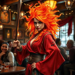 A fierce female fire genasi bard, with her hair resembling active flames in vibrant shades of orange and red, creates an enchanting scene