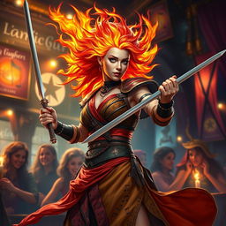 A fierce female fire genasi bard, with her hair resembling active flames in vibrant shades of orange and red, creates an enchanting scene