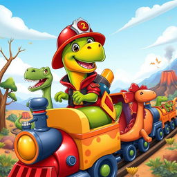 A vibrant and colorful cartoon scene featuring Dudu, a dinosaur dressed as a firefighter, riding on a train made of different dinosaurs