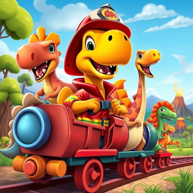 A vibrant and colorful cartoon scene featuring Dudu, a dinosaur dressed as a firefighter, riding on a train made of different dinosaurs