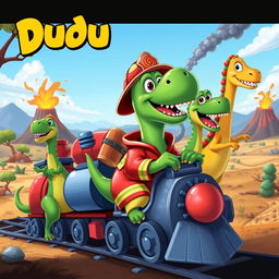 A vibrant and colorful cartoon scene featuring Dudu, a dinosaur dressed as a firefighter, riding on a train made of different dinosaurs