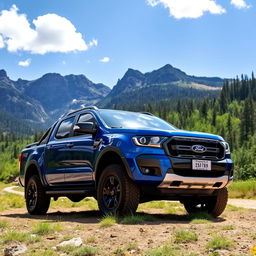 A Ford Ranger truck parked in a scenic outdoor setting, surrounded by lush greenery and towering mountains