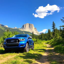 A Ford Ranger truck parked in a scenic outdoor setting, surrounded by lush greenery and towering mountains