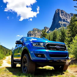 A Ford Ranger truck parked in a scenic outdoor setting, surrounded by lush greenery and towering mountains