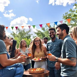 A group of diverse friends enjoying a lively outdoor gathering under a sunny sky