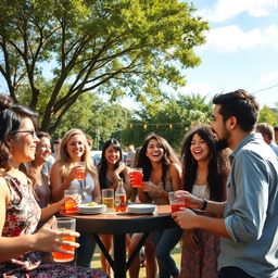 A group of diverse friends enjoying a lively outdoor gathering under a sunny sky