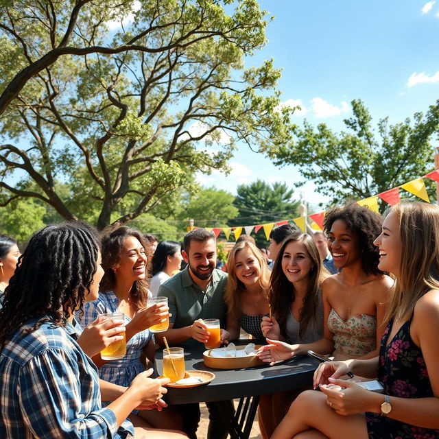 A group of diverse friends enjoying a lively outdoor gathering under a sunny sky