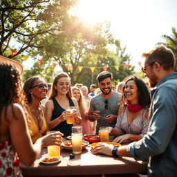 A group of diverse friends enjoying a lively outdoor gathering under a sunny sky