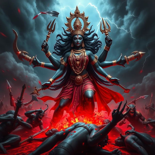 In a powerful 3D depiction, Goddess Kali, with her fierce expression and dynamic pose, is portrayed in the heart of a chaotic battlefield, bringing destruction to a horde of demons