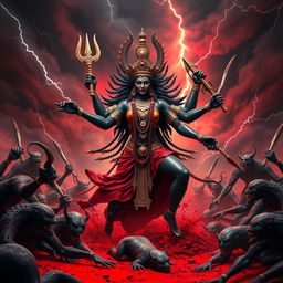 In a powerful 3D depiction, Goddess Kali, with her fierce expression and dynamic pose, is portrayed in the heart of a chaotic battlefield, bringing destruction to a horde of demons