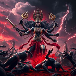 In a powerful 3D depiction, Goddess Kali, with her fierce expression and dynamic pose, is portrayed in the heart of a chaotic battlefield, bringing destruction to a horde of demons