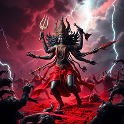 In a powerful 3D depiction, Goddess Kali, with her fierce expression and dynamic pose, is portrayed in the heart of a chaotic battlefield, bringing destruction to a horde of demons