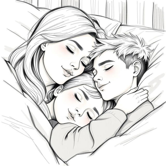 A tender and intimate sketch of a mother and grown son peacefully sleeping in a cozy bed