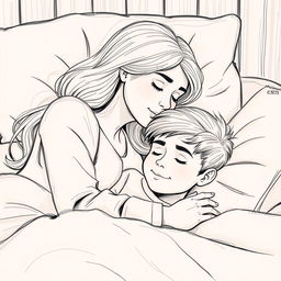A tender and intimate sketch of a mother and grown son peacefully sleeping in a cozy bed