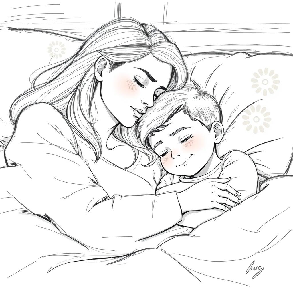 A tender and intimate sketch of a mother and grown son peacefully sleeping in a cozy bed