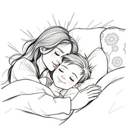 A tender and intimate sketch of a mother and grown son peacefully sleeping in a cozy bed