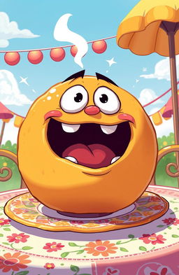 A whimsical cartoon illustration of a giant buñuelo, depicted as a round, golden-brown pastry with a surprised and anxious facial expression, sitting on a decorative plate