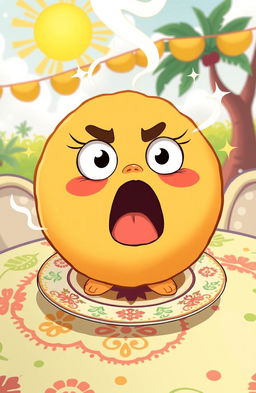 A whimsical cartoon illustration of a giant buñuelo, depicted as a round, golden-brown pastry with a surprised and anxious facial expression, sitting on a decorative plate