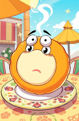 A whimsical cartoon illustration of a giant buñuelo, depicted as a round, golden-brown pastry with a surprised and anxious facial expression, sitting on a decorative plate